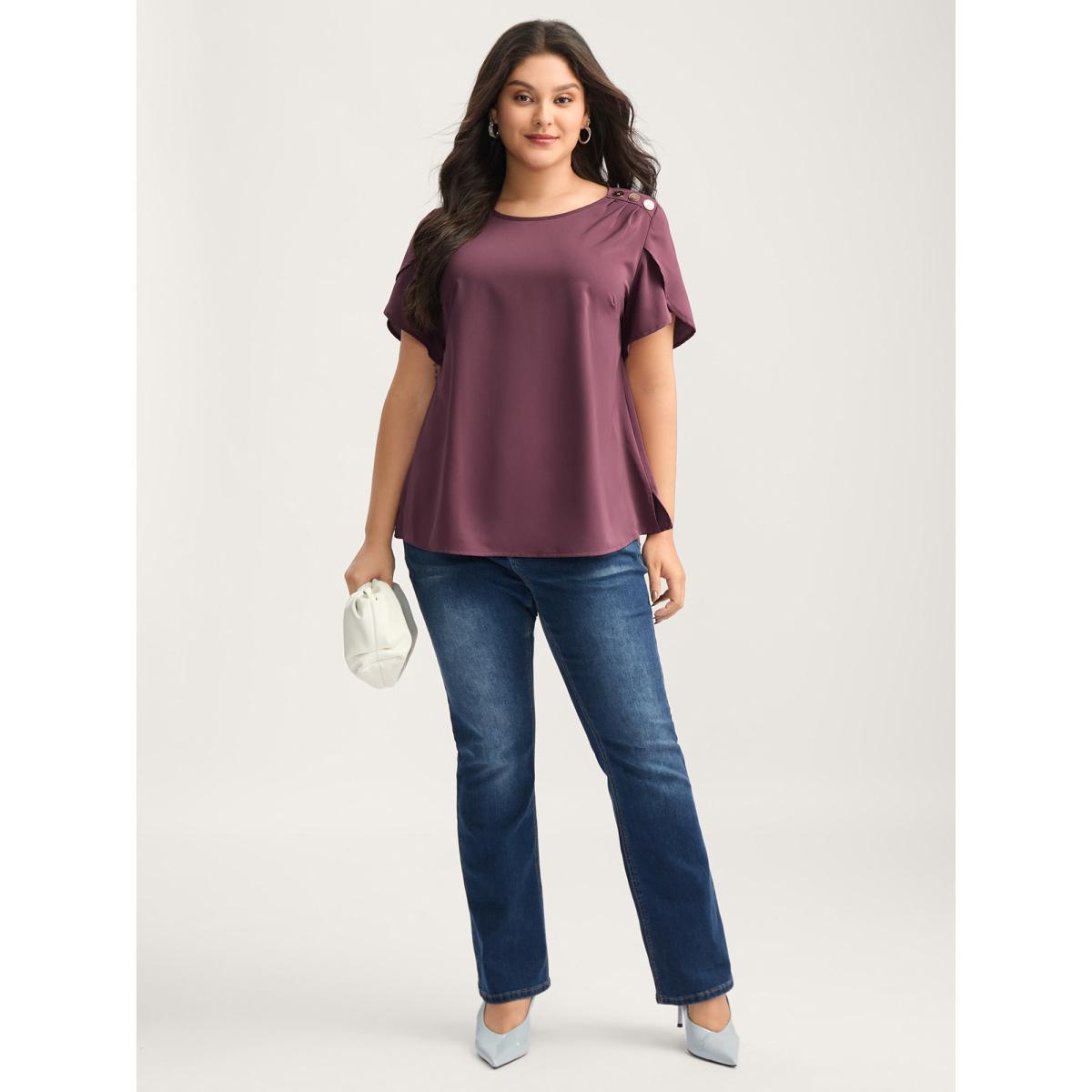 Plus Size Plum Petal Sleeve Shoulder Button Solid Blouse Women Short sleeve Round Neck Work Blouses BloomChic 18-20/2X Product Image