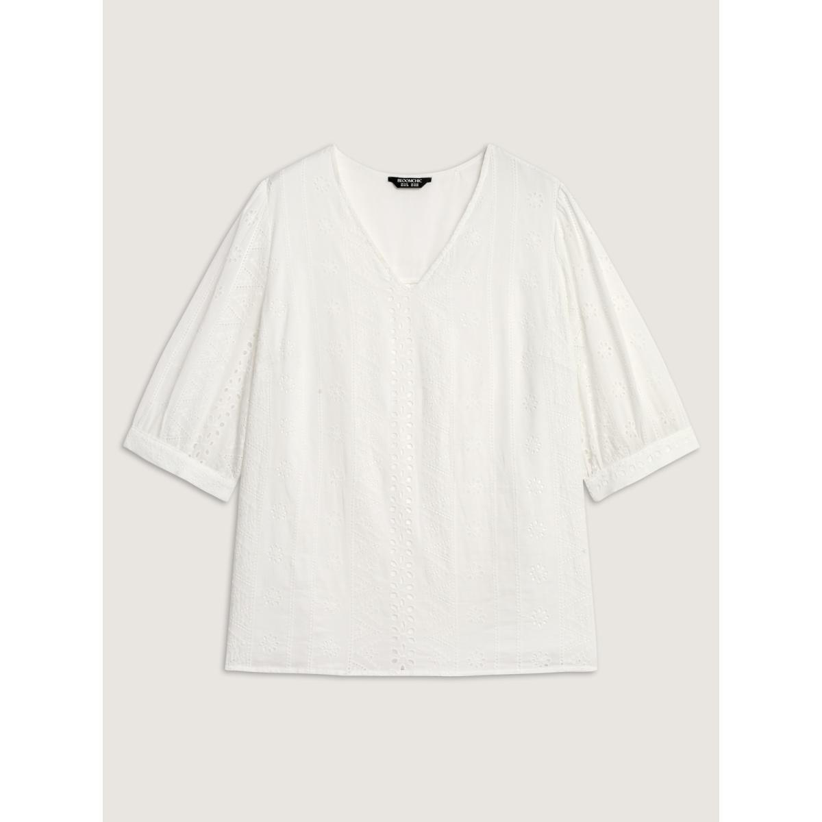 Plus Size WhiteSmoke Cotton Eyelet Embroidery V-Neck Blouse Women Elbow-length sleeve V-neck Vacation Blouses BloomChic 10/M Product Image