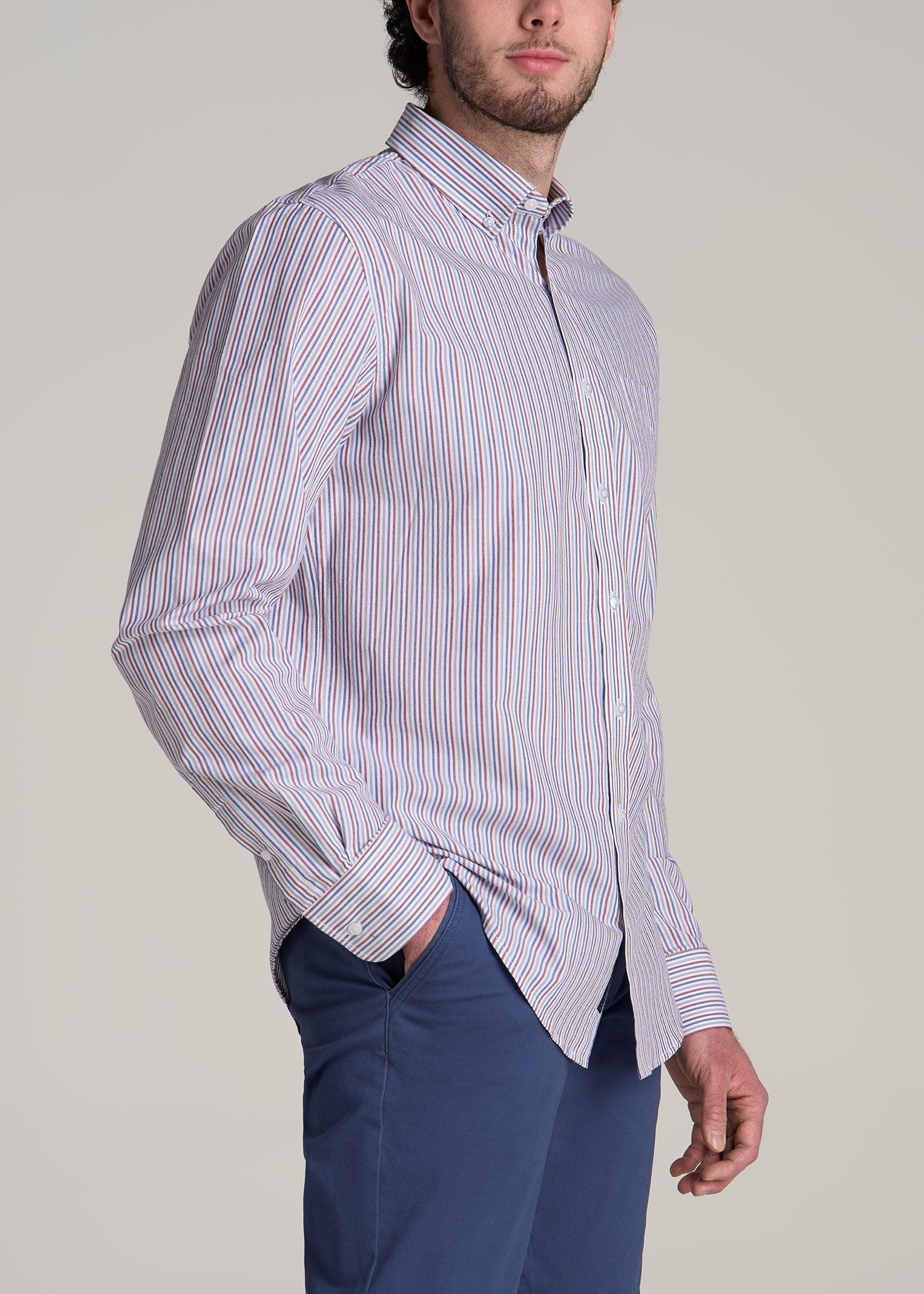 Soft-Wash Button-Up Shirt for Tall Men in Red and Blue Multi Stripe Product Image