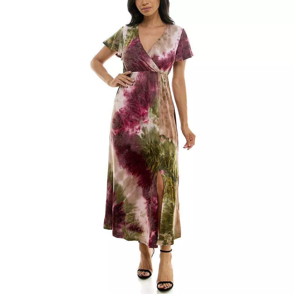 Women's Nina Leonard Tie Dye Print Flutter Sleeve V-Neck Maxi Dress, Size: Small, Grey Team Product Image