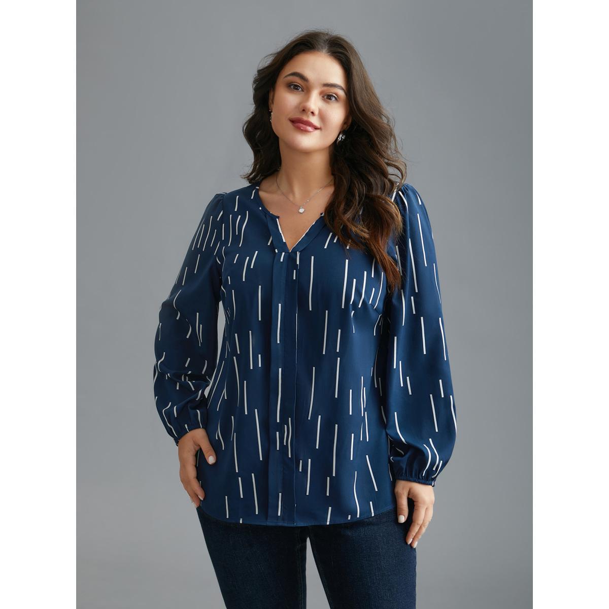 Plus Size Indigo Geometric Print Notched Collar Blouse Women At the Office Long Sleeve Notched collar Work Blouses BloomChic 18-20/2X Product Image