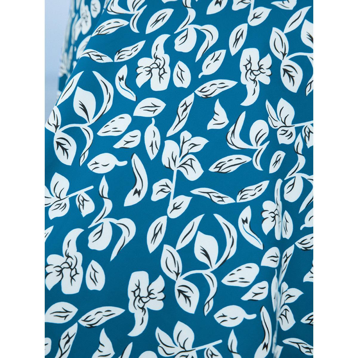 Plus Size Plant Print Asymmetrical Hem Adjustable Straps Tankini Top Women's Swimwear Cerulean Vacation Adjustable Straps High stretch Bodycon V-neck Curve Swim Tops BloomChic 12/L Product Image