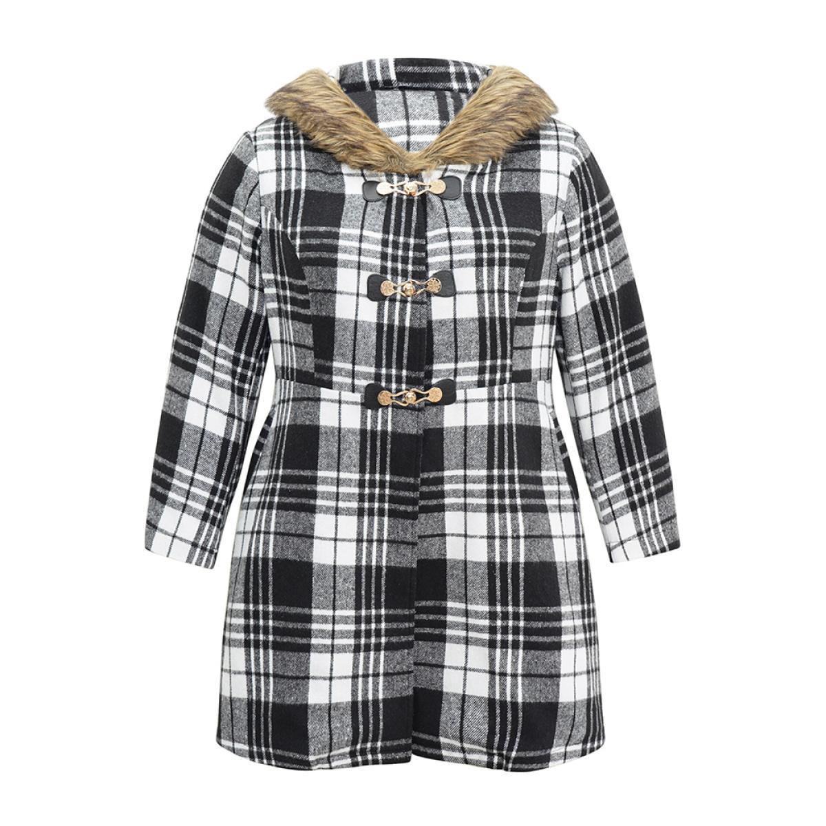 Plus Size Plaid Patchwork Duffle Button Fuzzy Trim Coat Women Black Casual Lined Ladies Dailywear Winter Coats BloomChic 22-24/3X Product Image