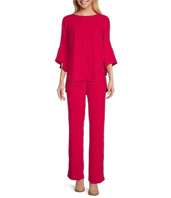 Caroline Rose Julia Matte Crepe Crew Neck 3/4 Ruffled Sleeve High-Low Hem Top Product Image
