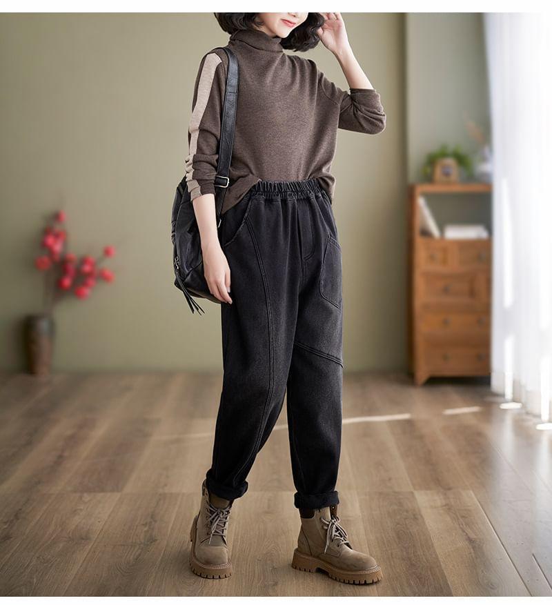 Elastic Waist Fleece-Lined Washed Baggy Jeans Product Image