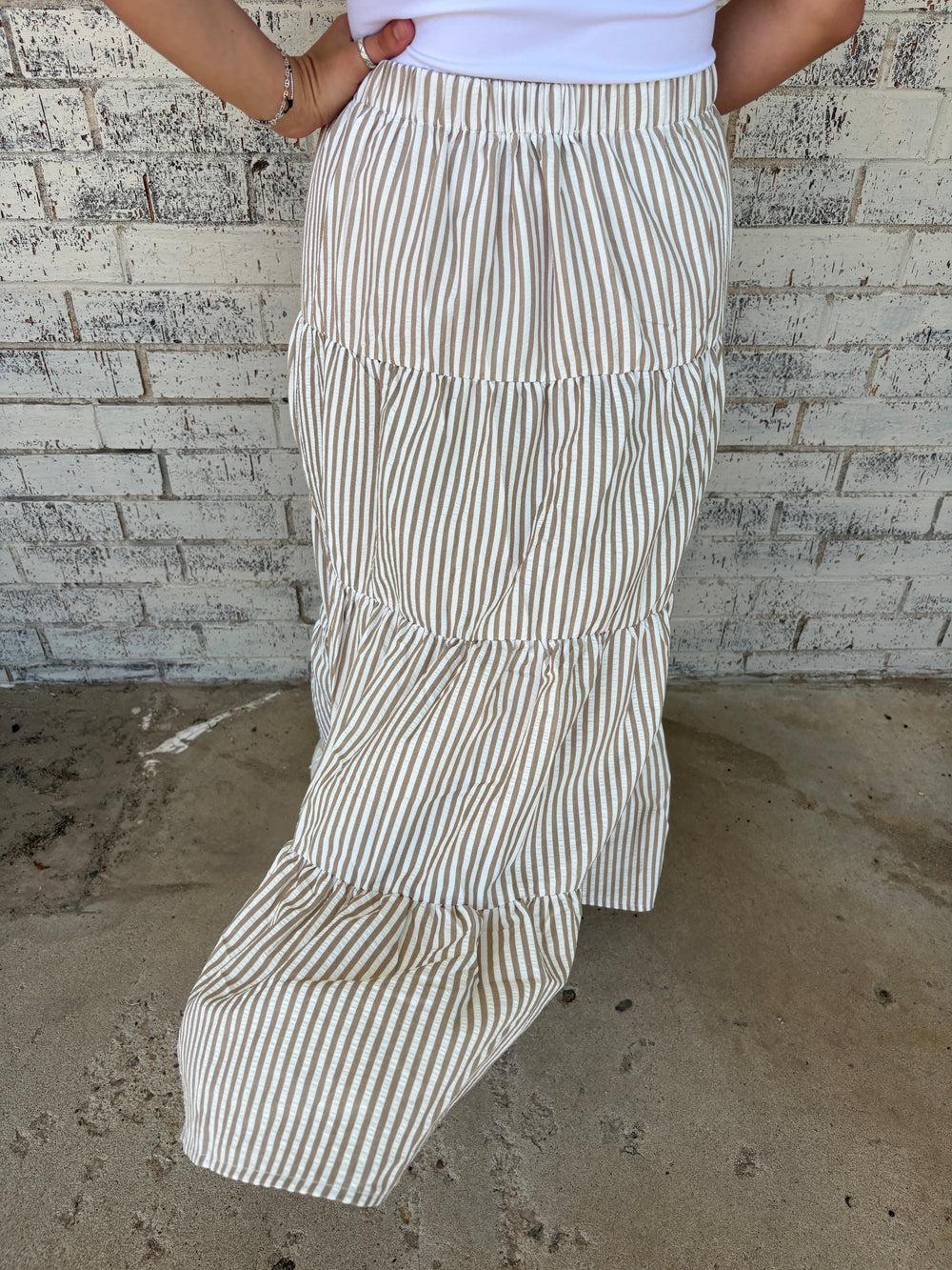 Bow Tie Tiered Taupe Stripe Maxi Skirt Product Image