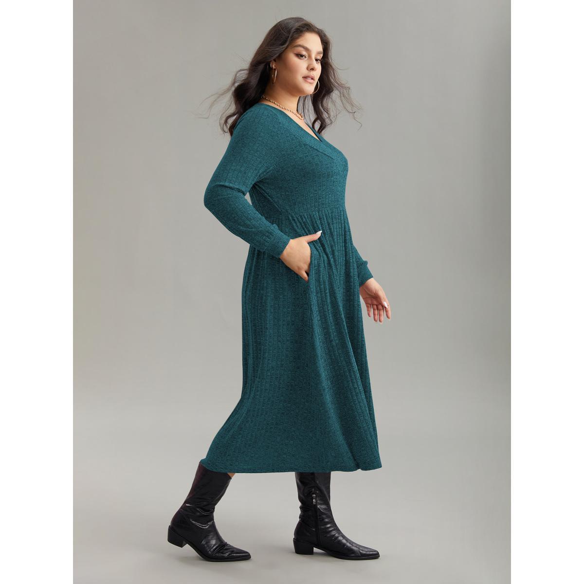 Plus Size Rib Knit Plain Plisse Long Sleeve Dress Aegean Women Casual Rib Knit V-neck Long Sleeve Curvy Midi Dress BloomChic 18-20/2X Product Image