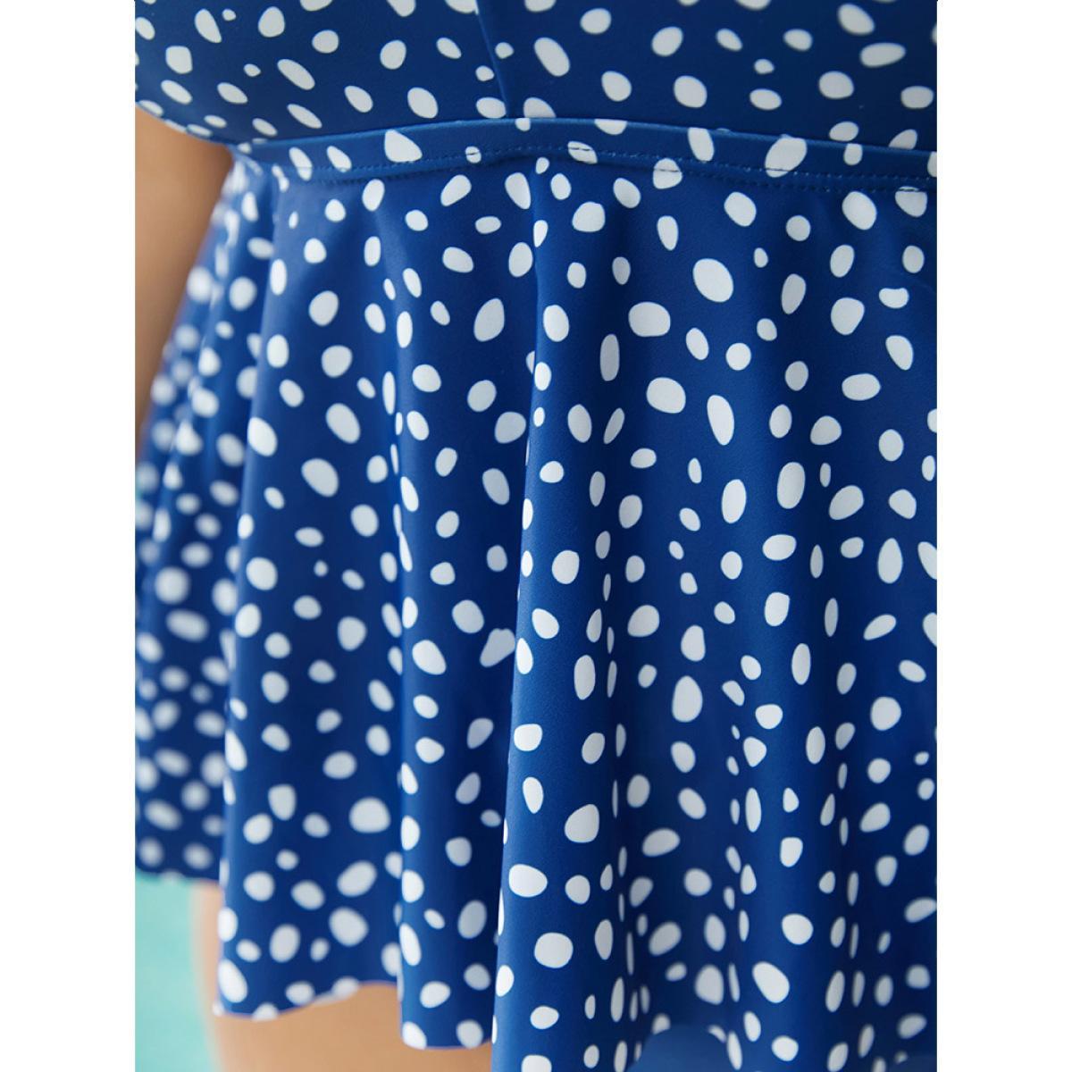 Plus Size Polka Dot Ruffle Hem Crisscross Neck Tankini Top Women's Swimwear Blue Vacation Adjustable Straps High stretch Bodycon V-neck Curve Swim Tops BloomChic 12/L Product Image