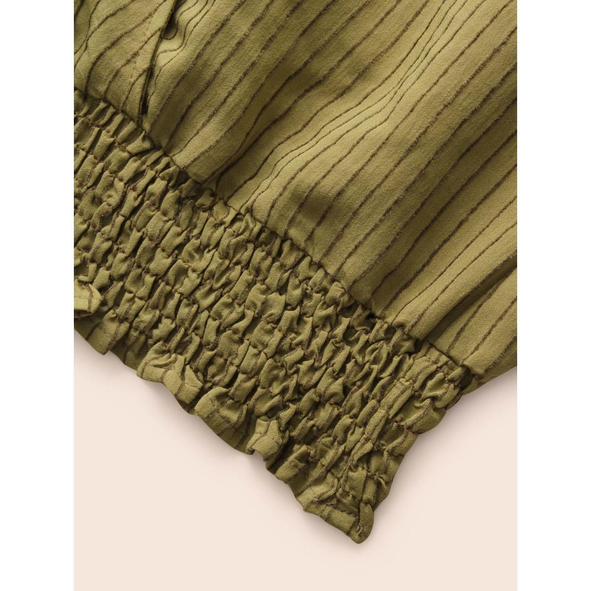 Plus Size ArmyGreen Striped Textured Overlap Collar Shirred Blouse Women Elegant Long Sleeve Overlap Collar Everyday Blouses BloomChic 26/4X Product Image