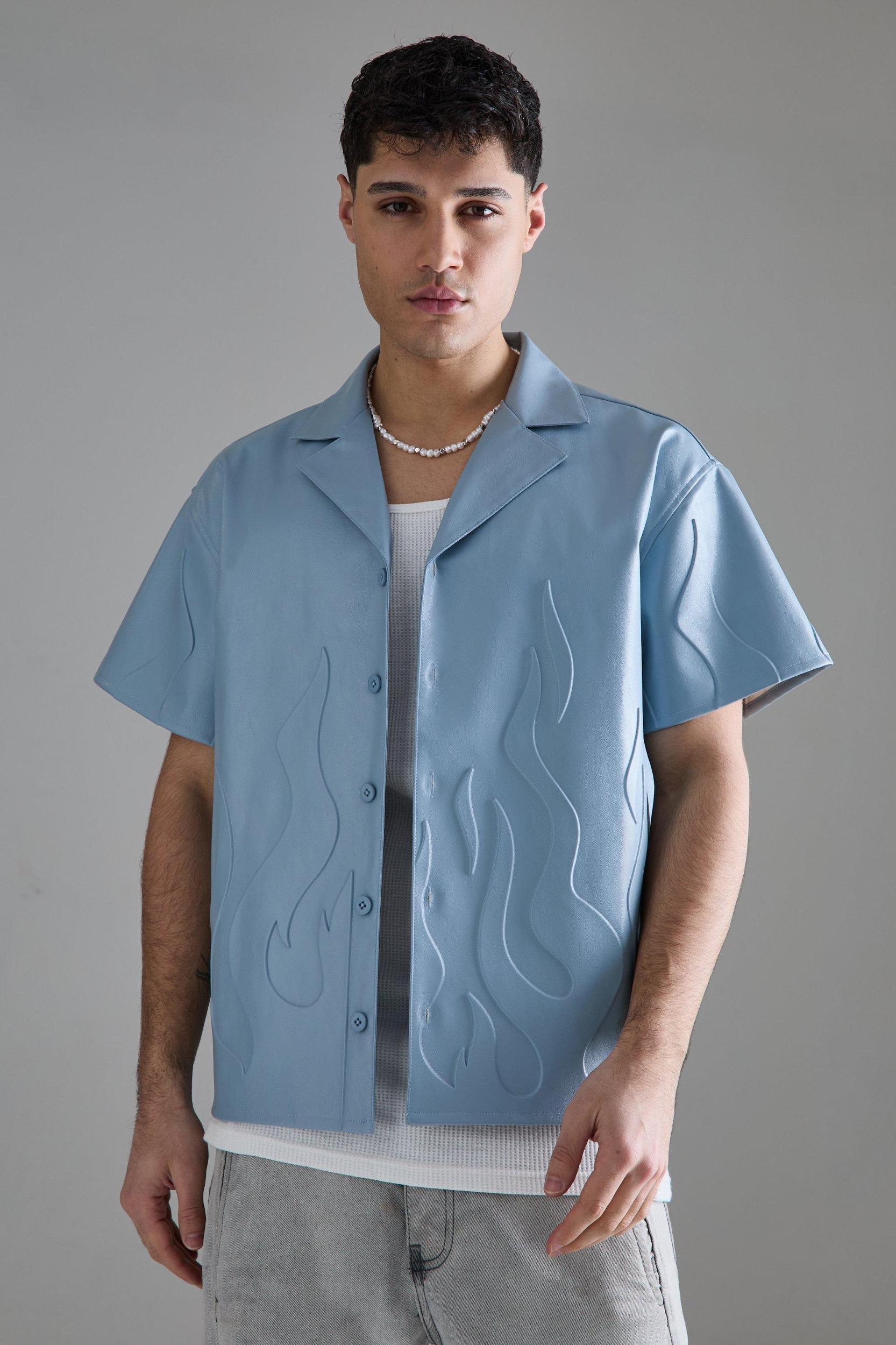 Mens Short Sleeve Drop Revere Boxy Pu Embossed Shirt - Blue Product Image
