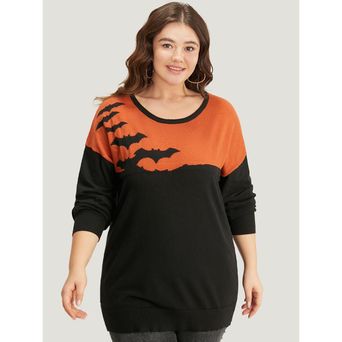 Plus Size Halloween Supersoft Essentials Two Tone Bat Print Pullover Black Women Casual Long Sleeve Round Neck Festival-Halloween Pullovers BloomChic 22-24/3X Product Image