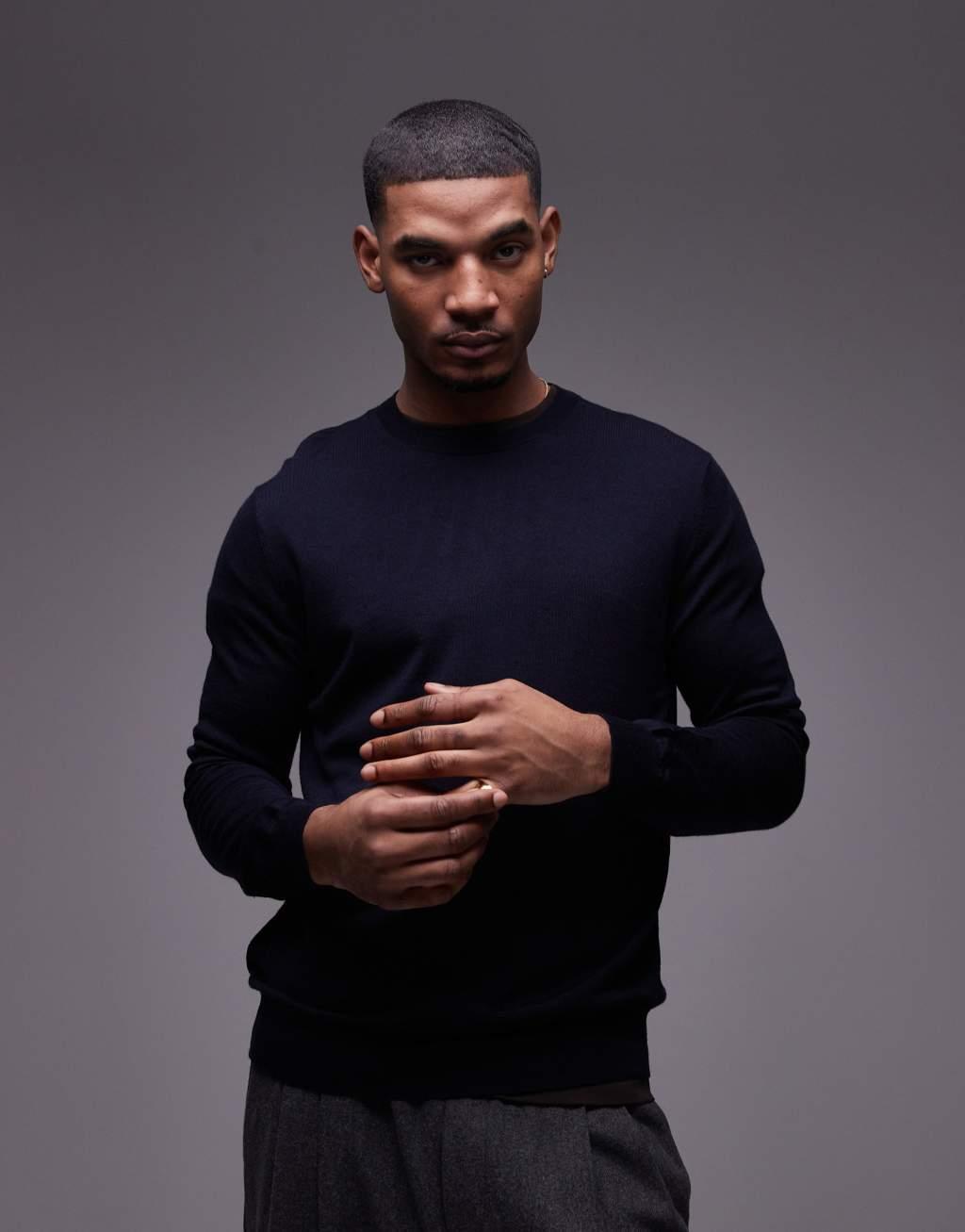 Mango knitted crew neck sweater in navy Product Image