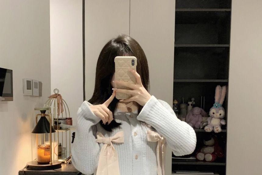 Pajama Set: Round Neck Bow Heart Button Cardigan + Straight Leg Pants Product Image