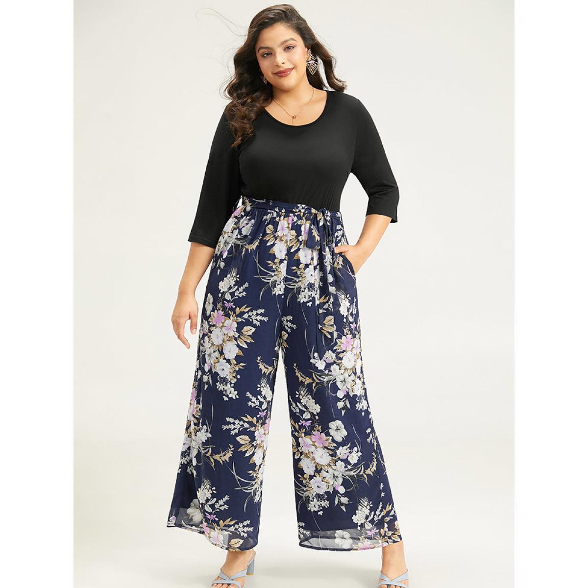 Plus Size Indigo Floral Patchwork Belted Jumpsuit Women Elegant Elbow-length sleeve Round Neck Everyday Loose Jumpsuits BloomChic 18-20/2X Product Image