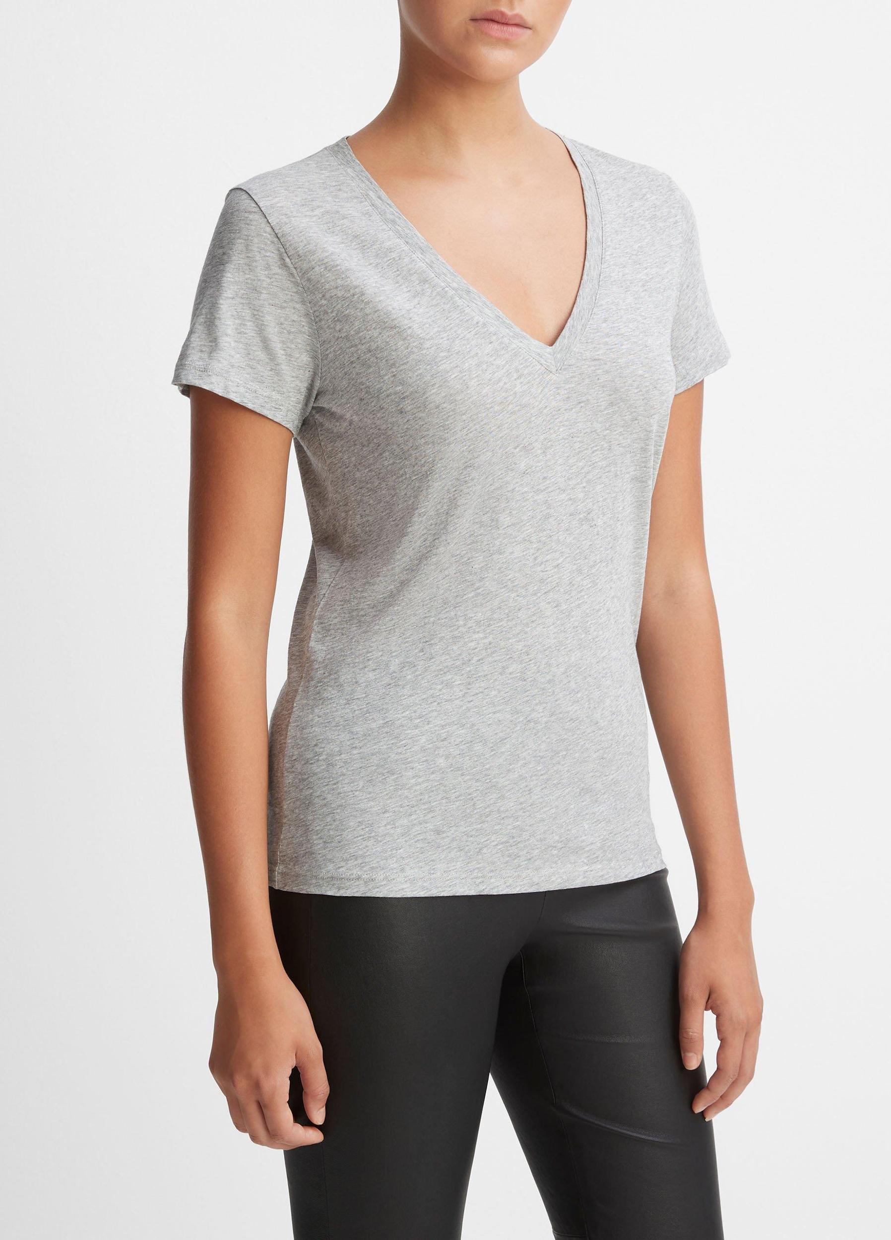 Womens Essential Pima Cotton V-Neck T-Shirt, Heather Grey, Size XL Vince Product Image