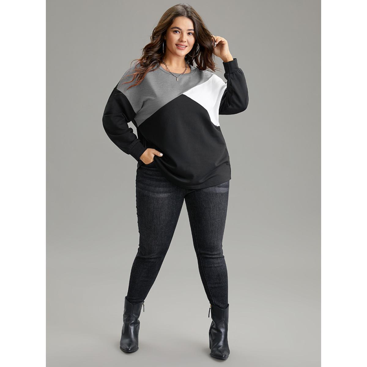 Plus Size Colorblock Contrast Round Neck Drop Shoulder Sweatshirt Women Gray Casual Contrast Round Neck Dailywear Sweatshirts BloomChic 22-24/3X Product Image