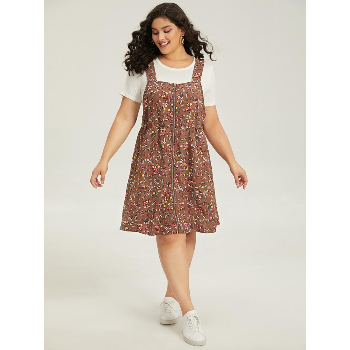 Plus Size Ditsy Floral Pocket Zipper Overall Cami Dress Chocolate Women Casual Zipper Spaghetti Strap Sleeveless Curvy Knee Dress BloomChic 10/M Product Image