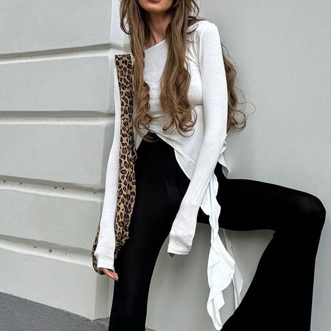 Long-Sleeve Crew Neck Plain Asymmetrical Tee Product Image