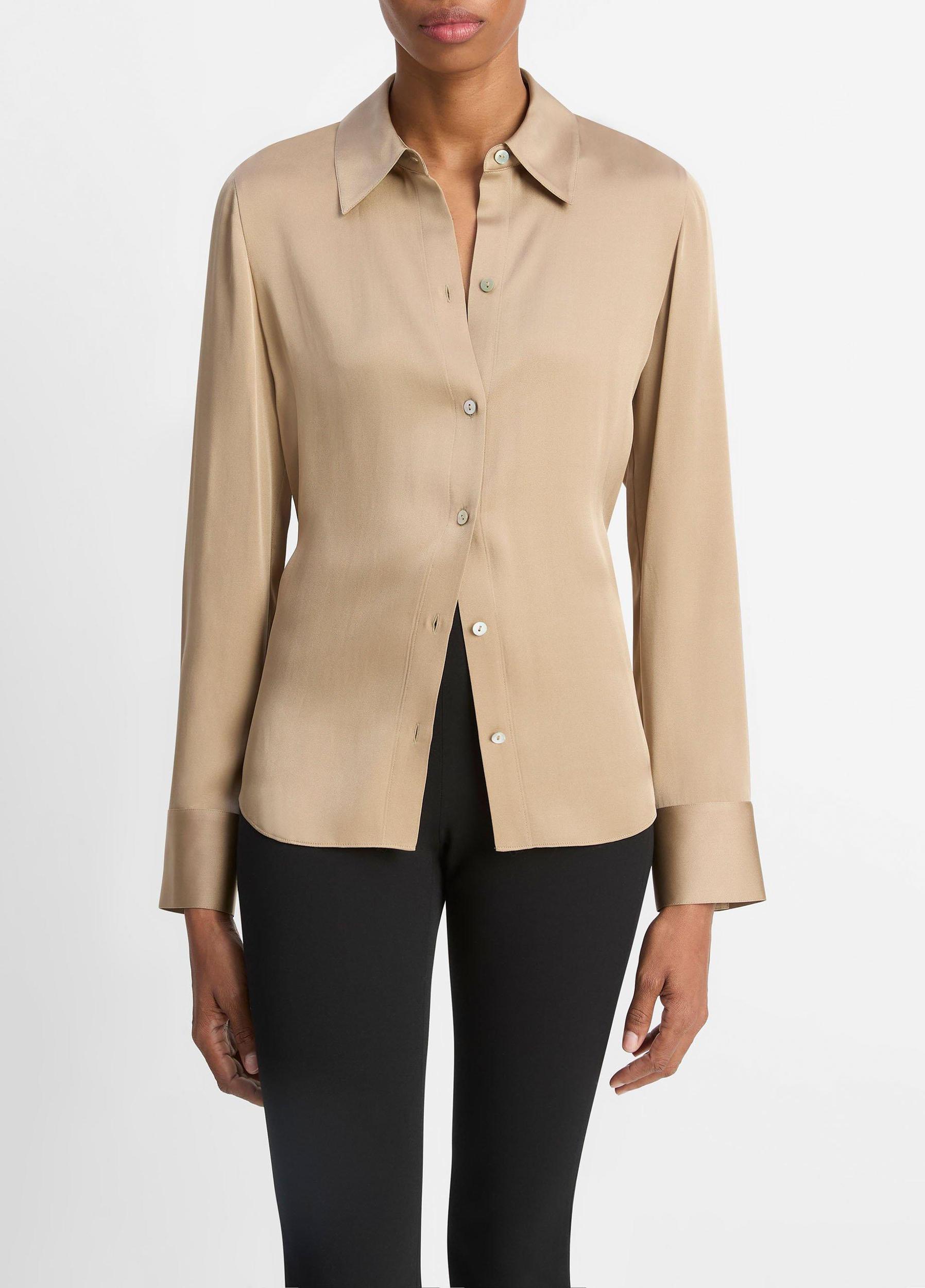 Silk-Blend Slim Button-Front Blouse Product Image