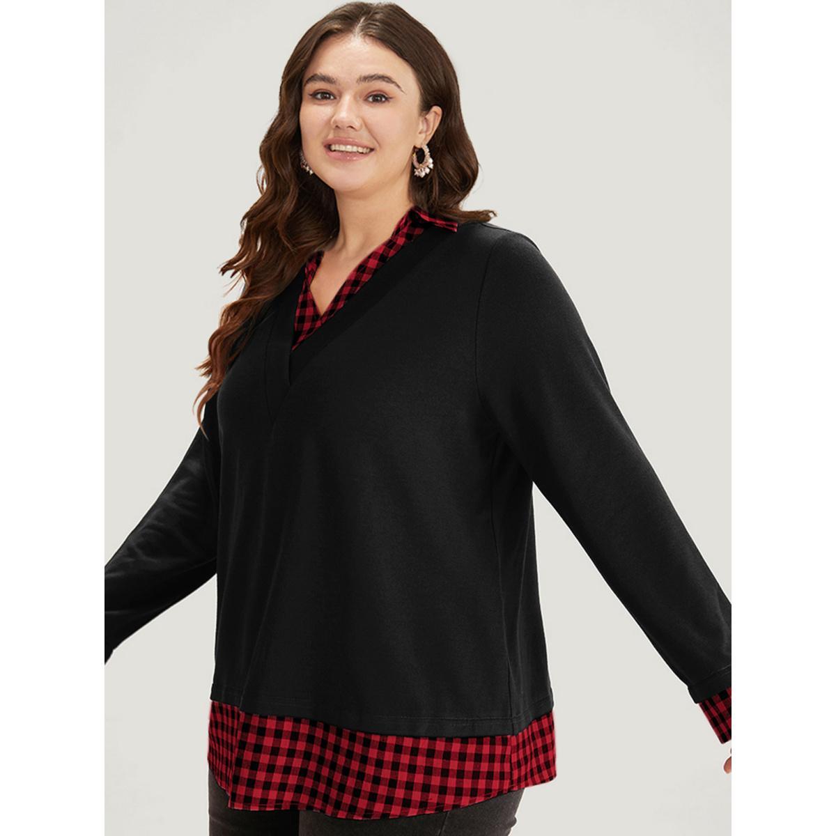 Plus Size Gingham Patchwork Shirt Collar Arc Hem Sweatshirt Women Multicolor Casual Patchwork V-neck Everyday Sweatshirts BloomChic 14-16/1X Product Image