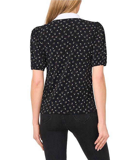 CeCe Floral Print Johnny Collar Short Puff Sleeve Contrast Trim Polo Top Product Image