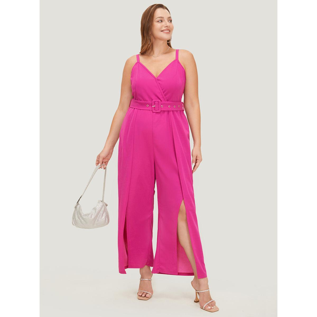 Plus Size Magenta Plain Pocket Wrap Buckle Belt Jumpsuit Women Glamour Sleeveless Spaghetti Strap Going out Loose Jumpsuits BloomChic 14-16/1X Product Image