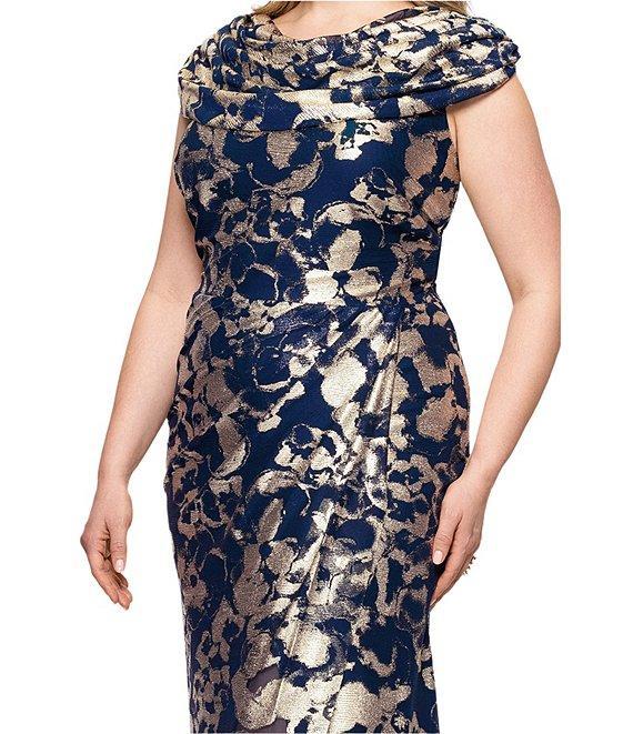 Betsy & Adam Plus Size Cowl Neck Stretch Foil Dress Product Image