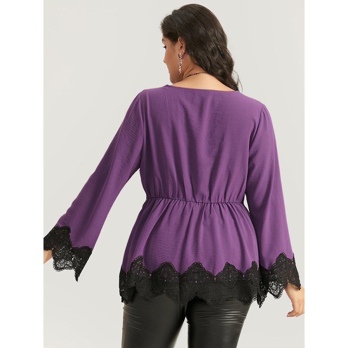 Plus Size Mauve Halloween Plain Eyelet Lace Scalloped Trim Blouse Women Elegant Long Sleeve V-neck Dailywear Blouses BloomChic 26/4X Product Image