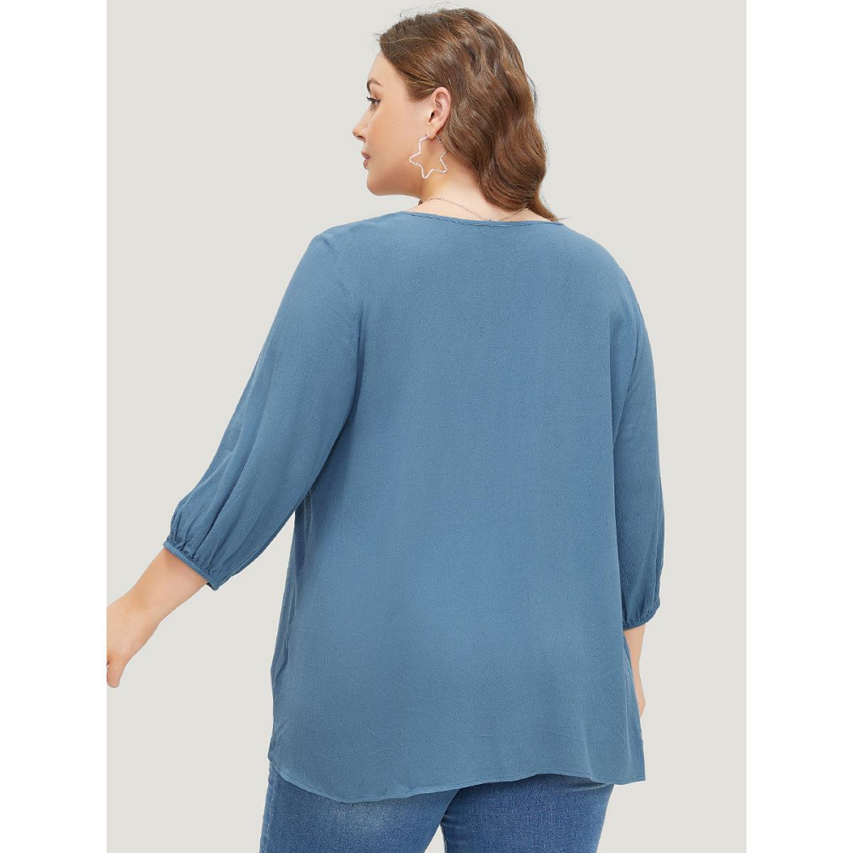 Plus Size Stone Plain Button Up Gathered Lantern Sleeve Blouse Women Elegant Elbow-length sleeve Round Neck Dailywear Blouses BloomChic 12/L Product Image
