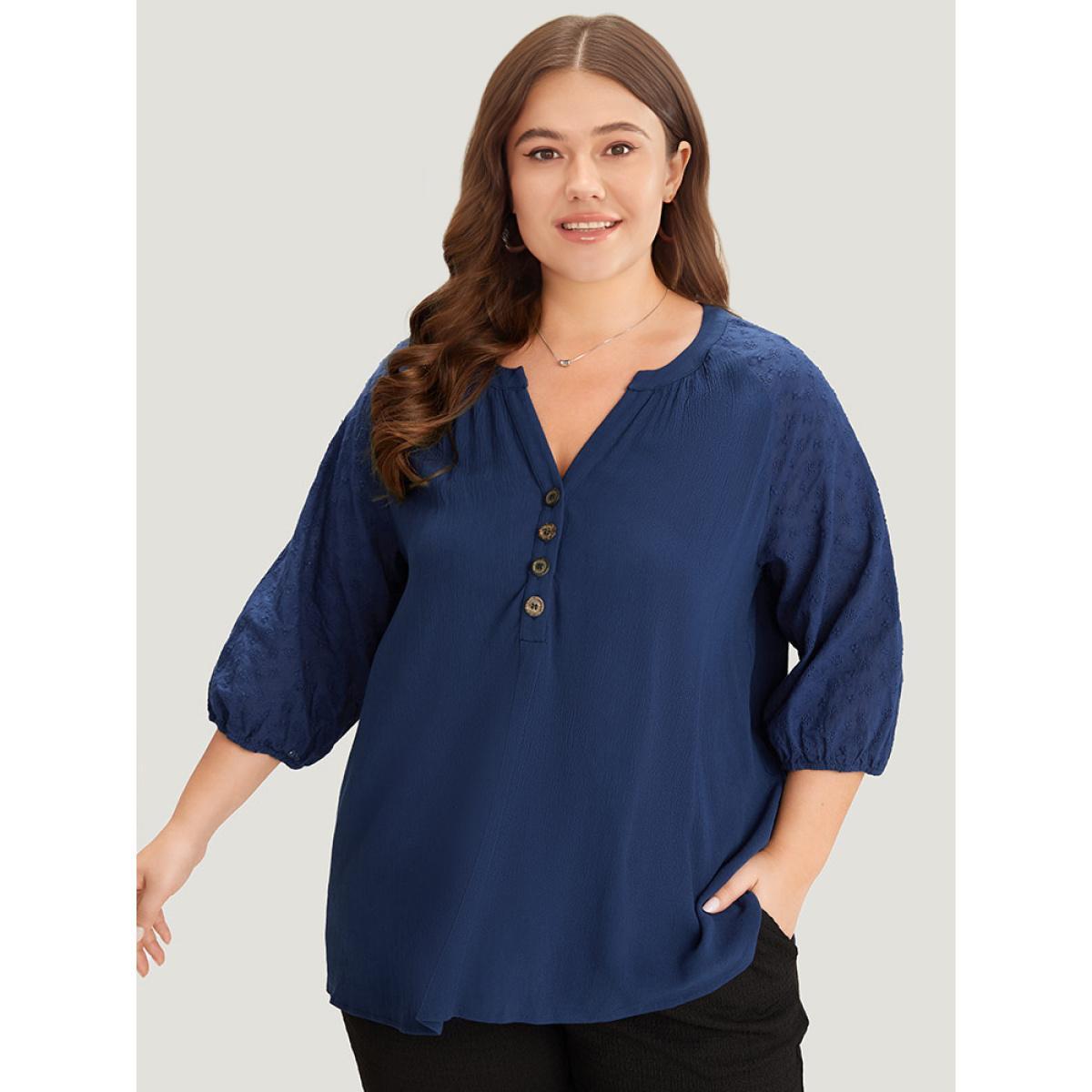 Plus Size Indigo Solid Button Up Patchwork Notched Lantern Sleeve Blouse Women Office Elbow-length sleeve Notched collar Work Blouses BloomChic 12/L Product Image
