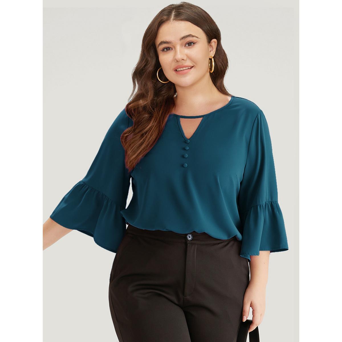 Plus Size Cyan Plain Keyhole Bell Sleeve Button Detail Blouse Women Office Elbow-length sleeve V-neck Work Blouses BloomChic 18-20/2X Product Image