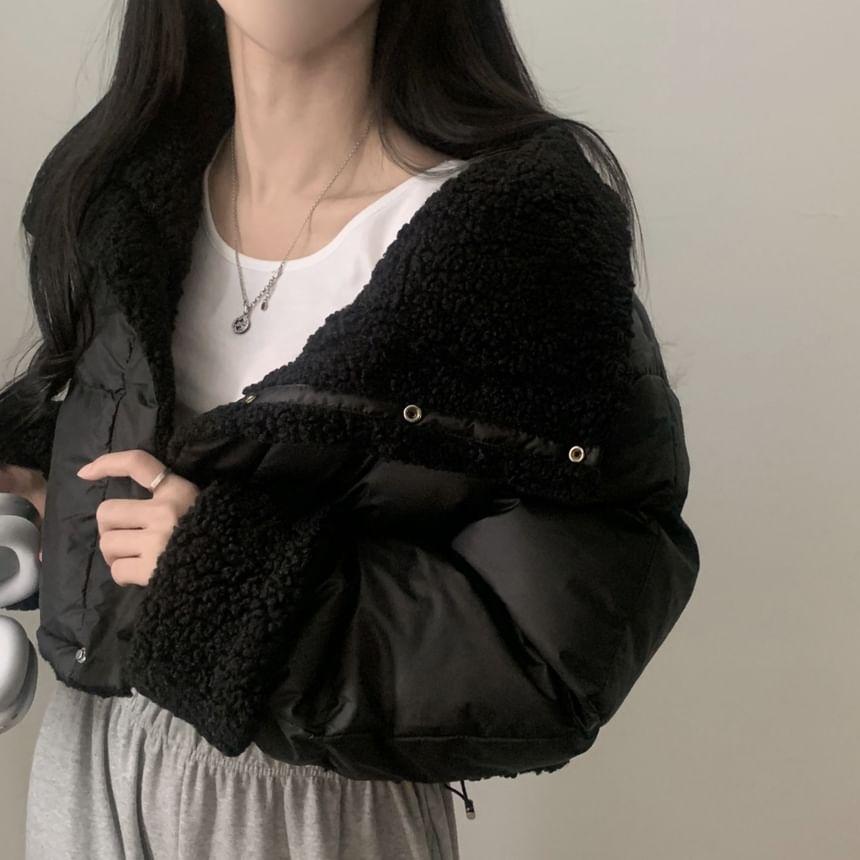 Long Sleeve Stand Collar Faux Shearling Cropped Puffer Jacket Product Image