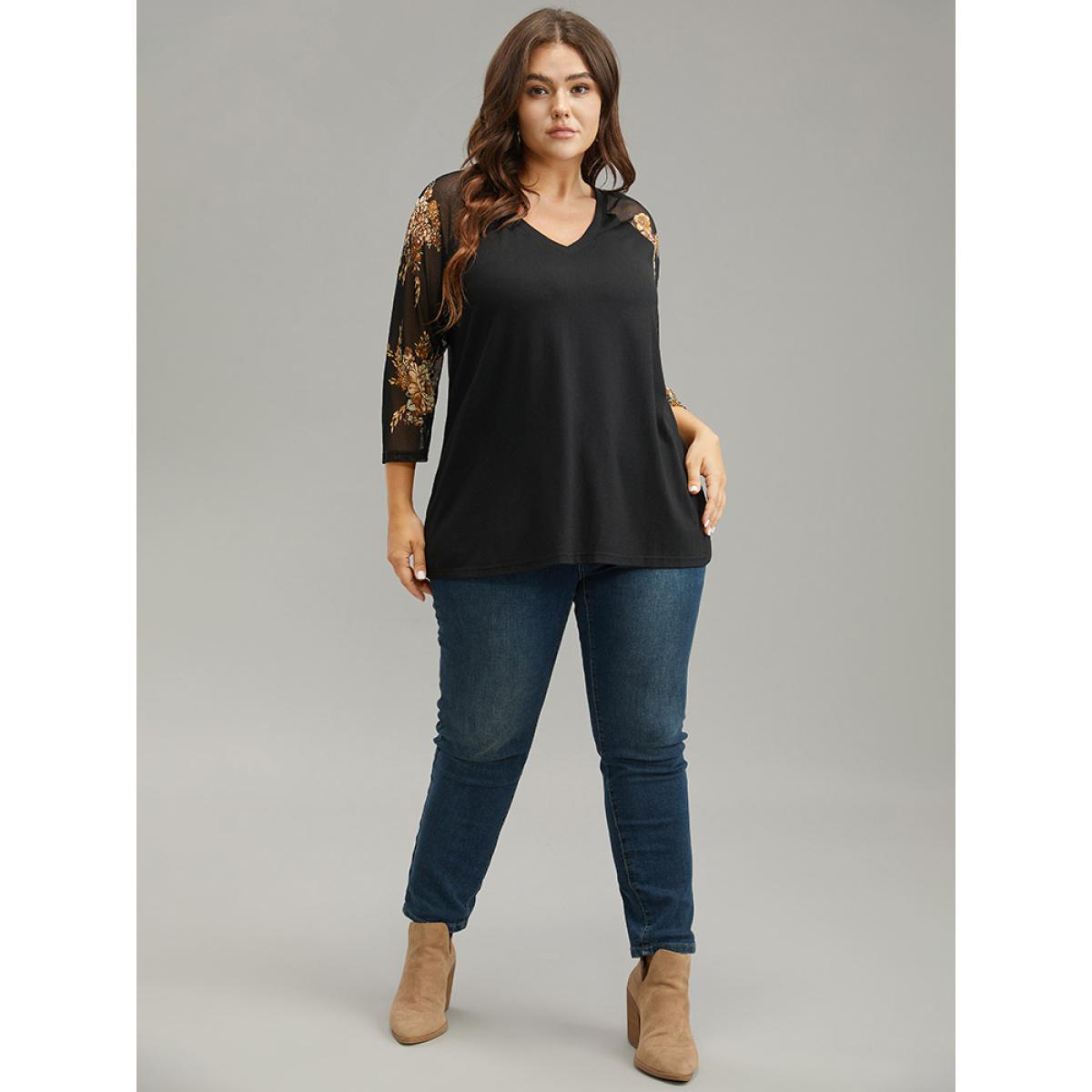 Plus Size Floral Print Patchwork Mesh T-shirt Black Women Casual See through Floral V-neck Dailywear T-shirts BloomChic 12/L Product Image
