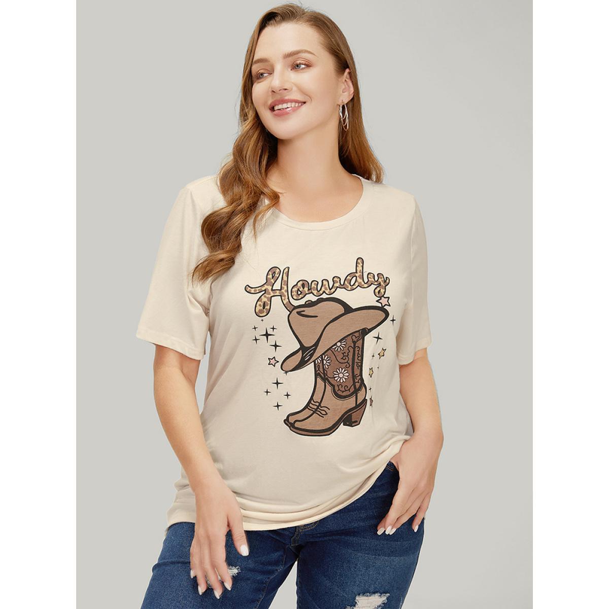 Plus Size Boots & Hat Print Drop Shoulder Graphic T-shirt Apricot Women Casual Western Dailywear T-shirts BloomChic 22-24/3X Product Image