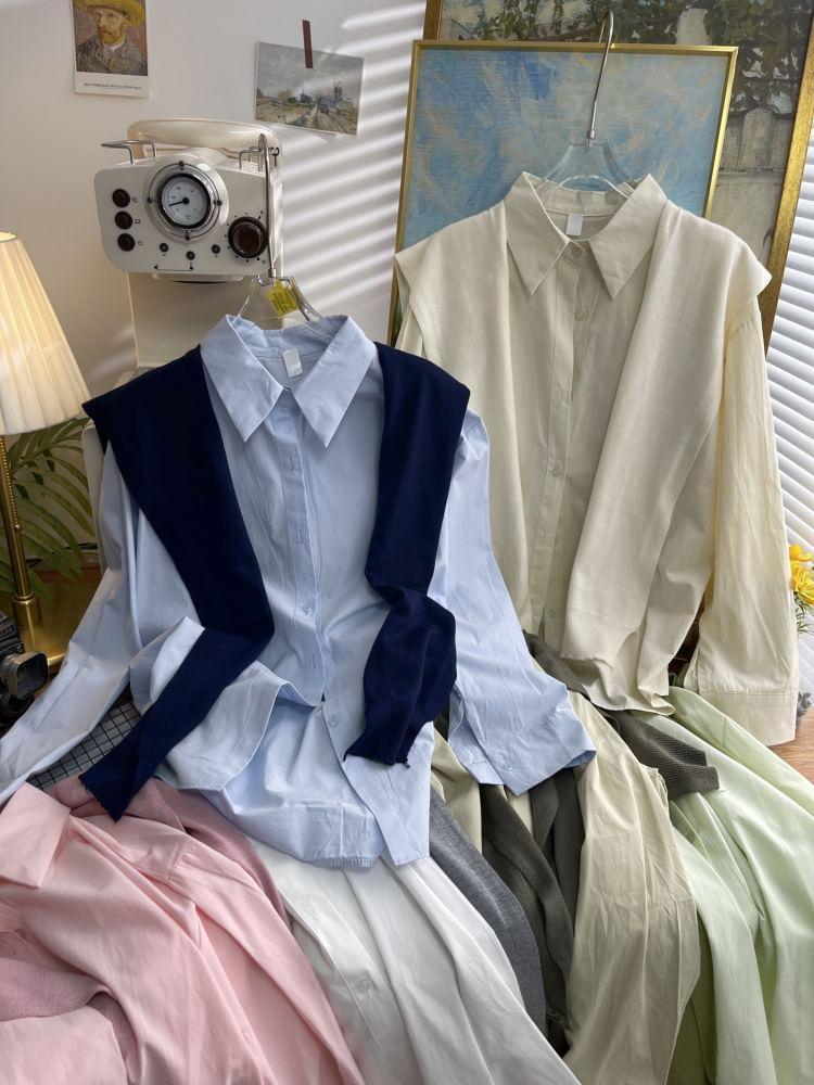 Set: Long-Sleeve Plain Button-Up Shirt + Shawl Product Image