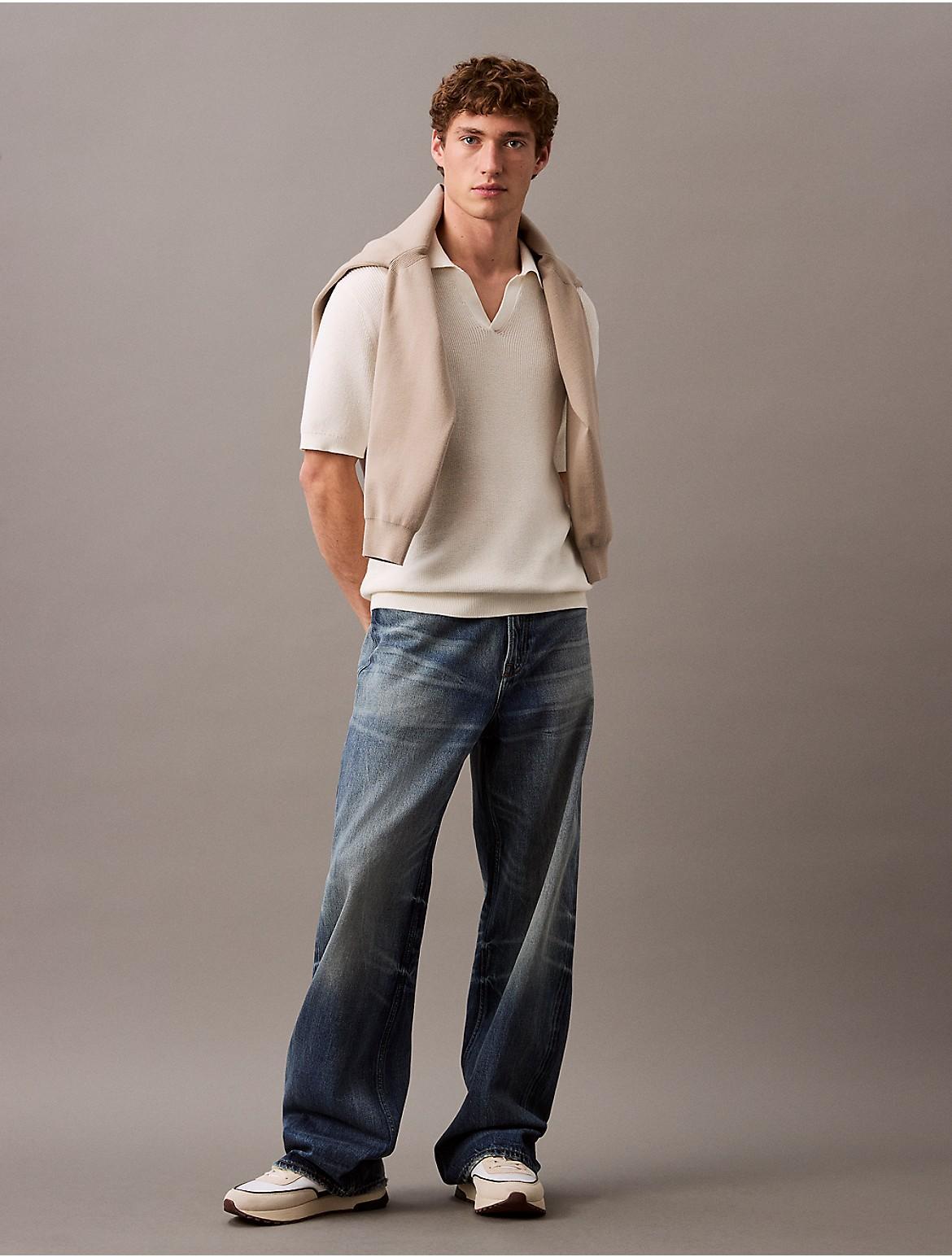 Calvin Klein Men's Textured Cotton Johnny Collar Polo Sweater - Grey - L Product Image