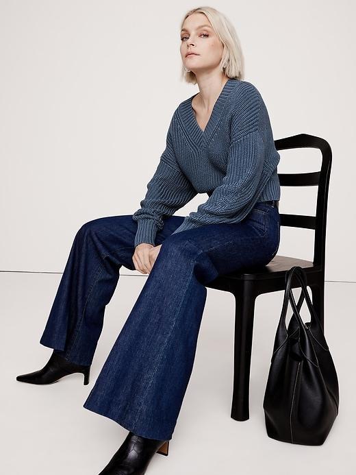 Oversized Cropped V-Neck Cotton Sweater Product Image