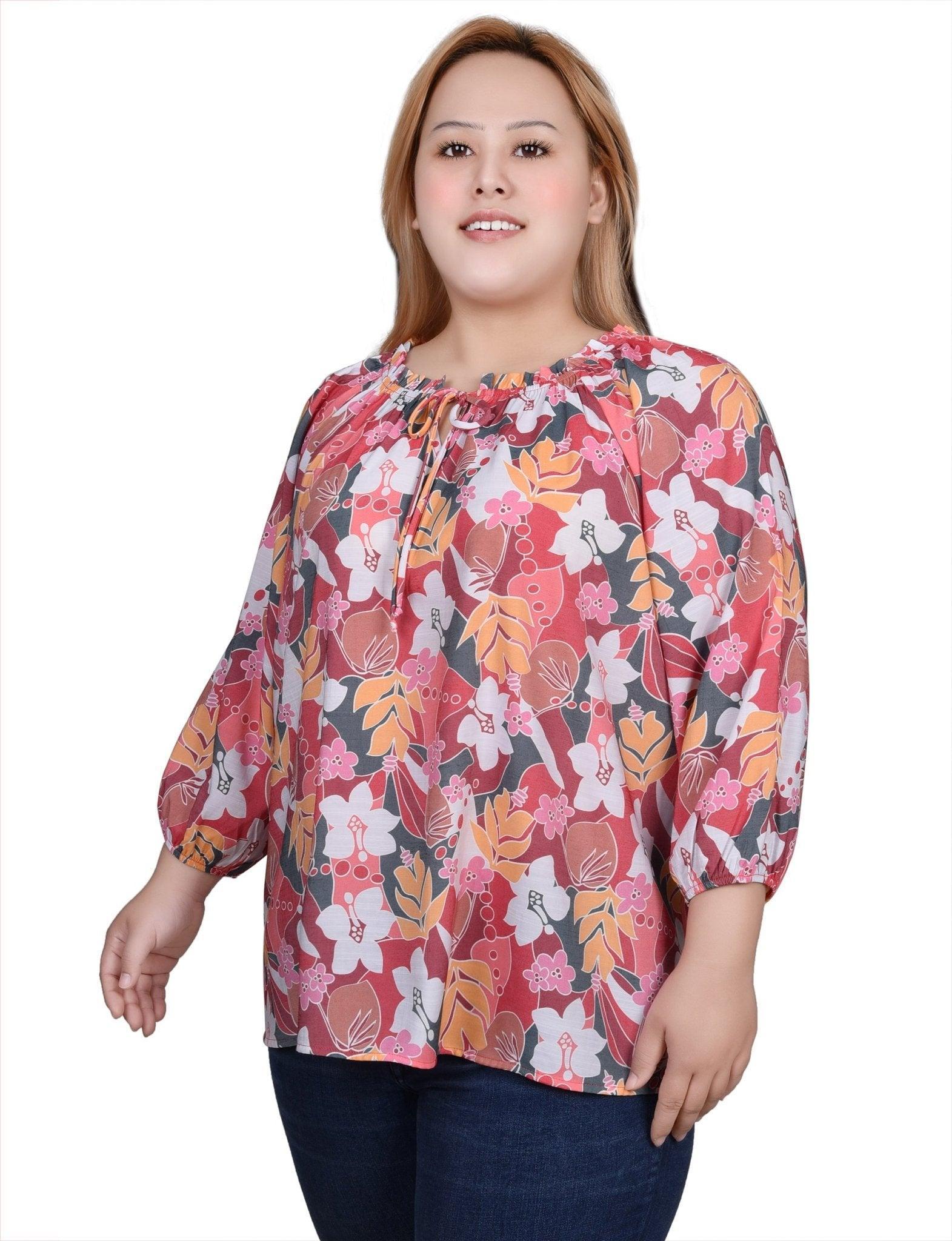 3/4 Length Sleeve Drawstring Neck Blouse - Plus Product Image