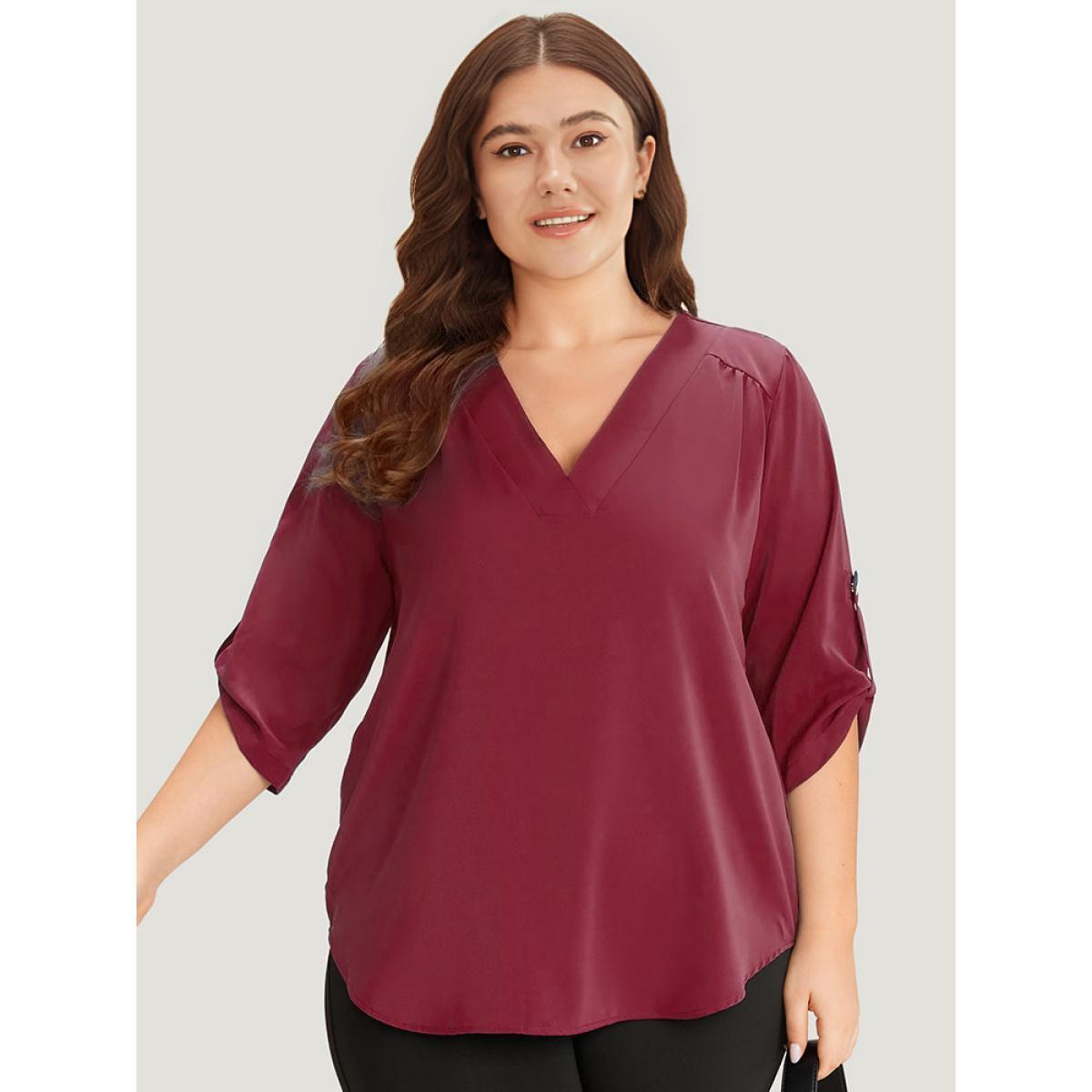 Plus Size Indigo Solid Cuffed Sleeve Gathered Curved Hem Blouse Women Office Elbow-length sleeve V-neck Work Blouses BloomChic 30/6X Product Image