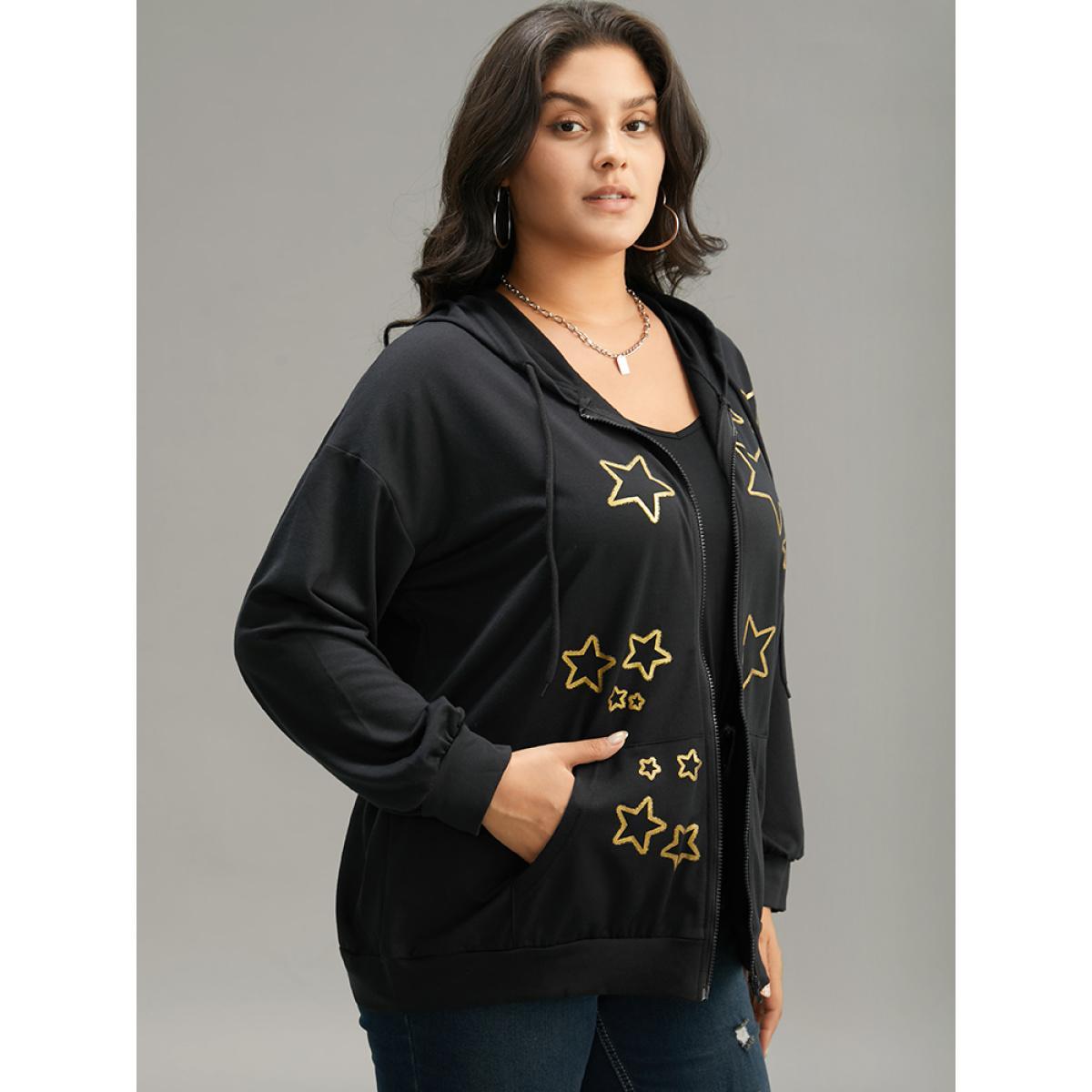 Plus Size Star Zipper Pocket Hooded Sweatshirt Women Black Casual Printed Hooded Dailywear Sweatshirts BloomChic 30/6X Product Image