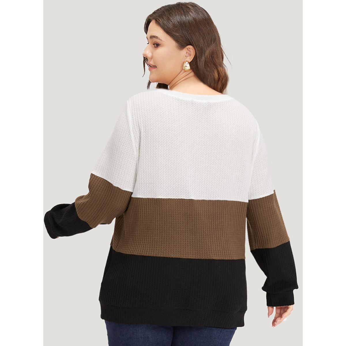 Plus Size Waffle Knit Patchwork Button Detail Contrast Sweatshirt Women Multicolor Casual Elastic cuffs V-neck Dailywear Sweatshirts BloomChic 12/L Product Image