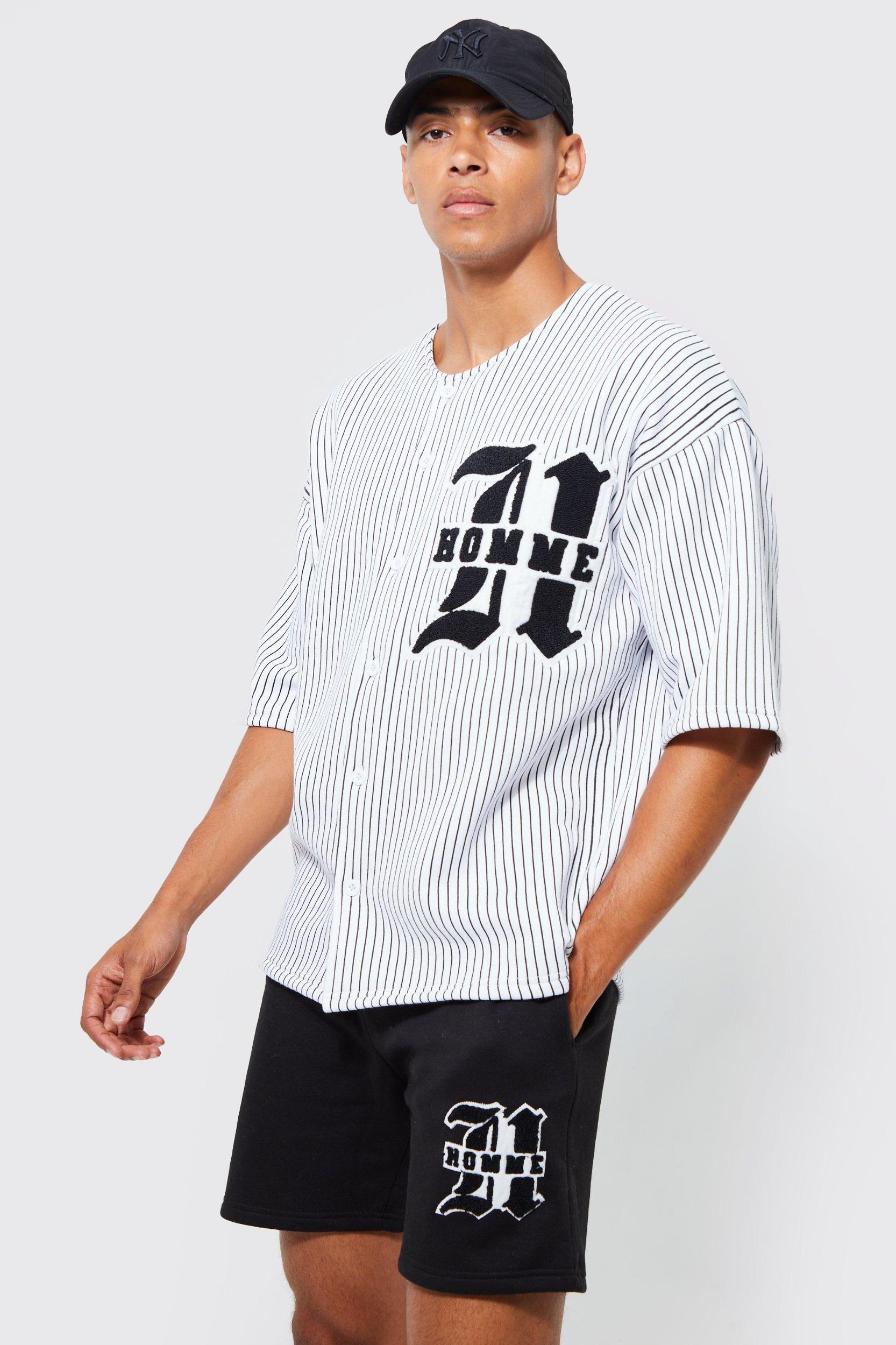 Oversized Homme Pinstripe Baseball Polo And Short Set | boohooMAN USA Product Image