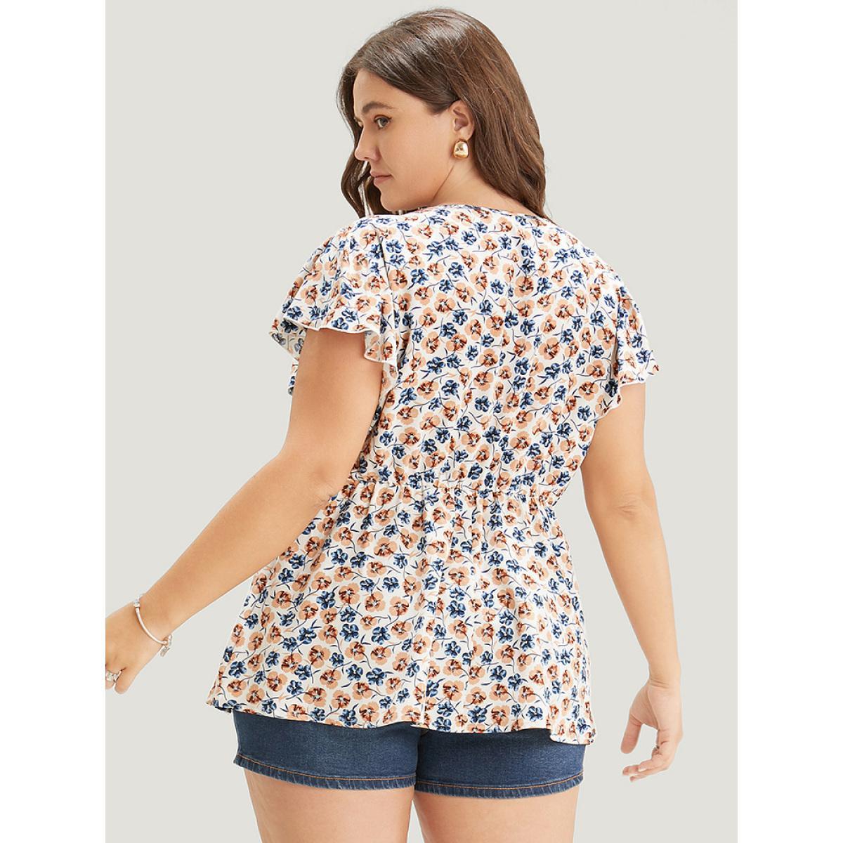 Plus Size White Ditsy Floral Cap Sleeve Ruffle Badydoll Blouse Women Elegant Cap Sleeve V-neck Dailywear Blouses BloomChic 22-24/3X Product Image