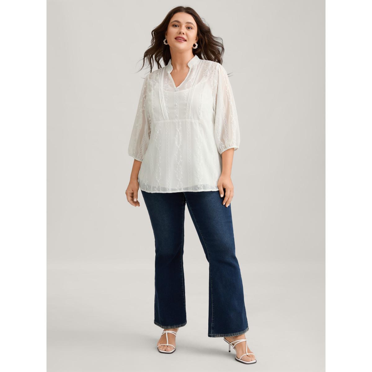 Plus Size Originalwhite Texture Mesh Button Detail Tucked Seam Blouse Women Elegant Elbow-length sleeve V-neck Everyday Blouses BloomChic 12/L Product Image