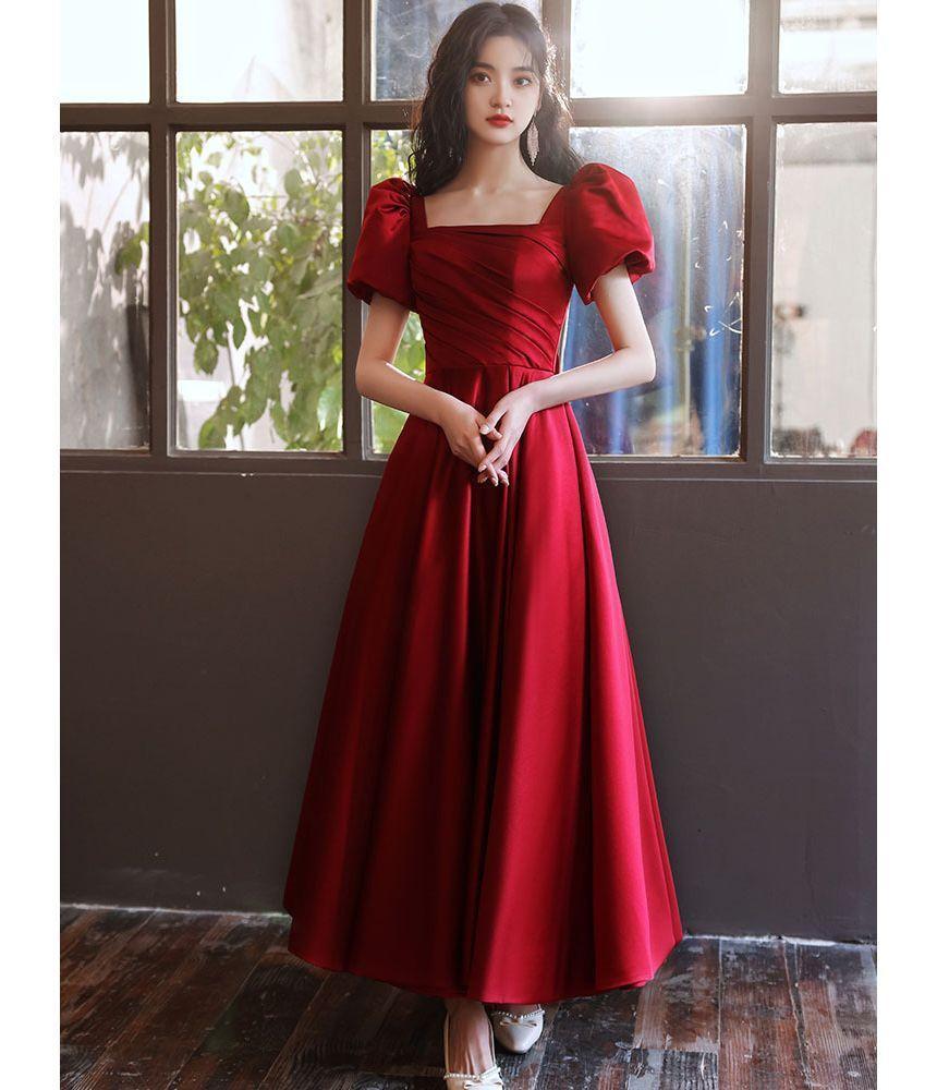 Puff-Sleeve Square-Neck Plain A-Line Evening Gown (Various Designs) Product Image