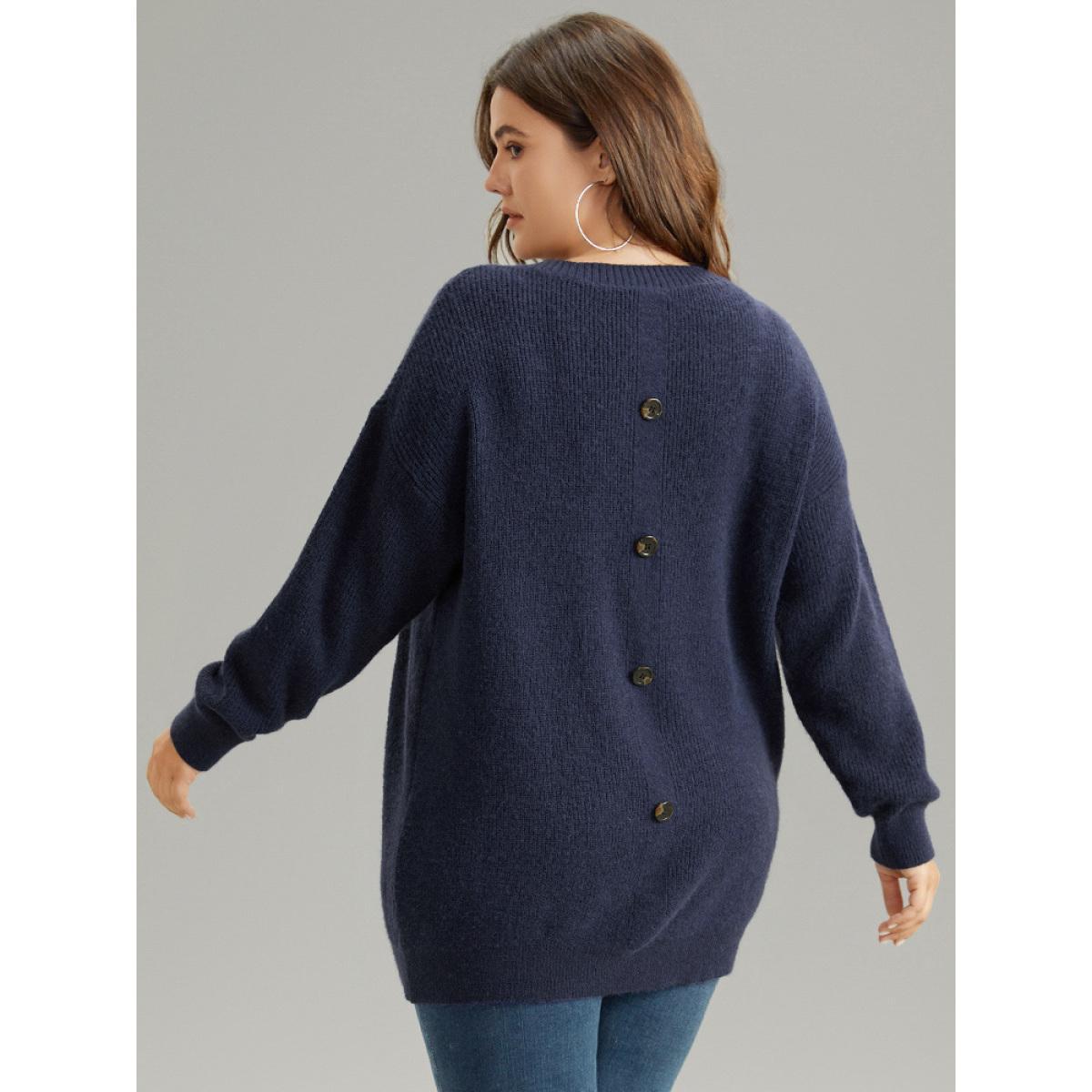 Plus Size Anti-Pilling Solid Cable Knit Button Detail Pullover Indigo Women Casual Loose Long Sleeve V-neck Dailywear Pullovers BloomChic 22-24/3X Product Image