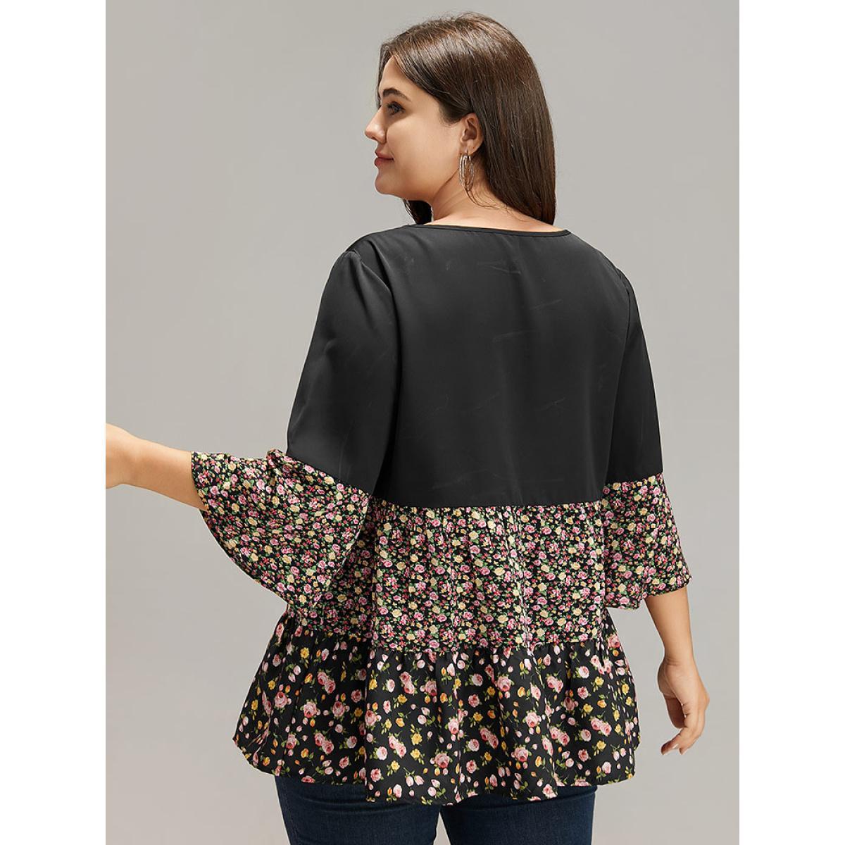 Plus Size Black Ditsy Floral Patchwork Tiered Flutter Sleeve Blouse Women Casual Elbow-length sleeve Scoop Neck Everyday Blouses BloomChic 10/M Product Image