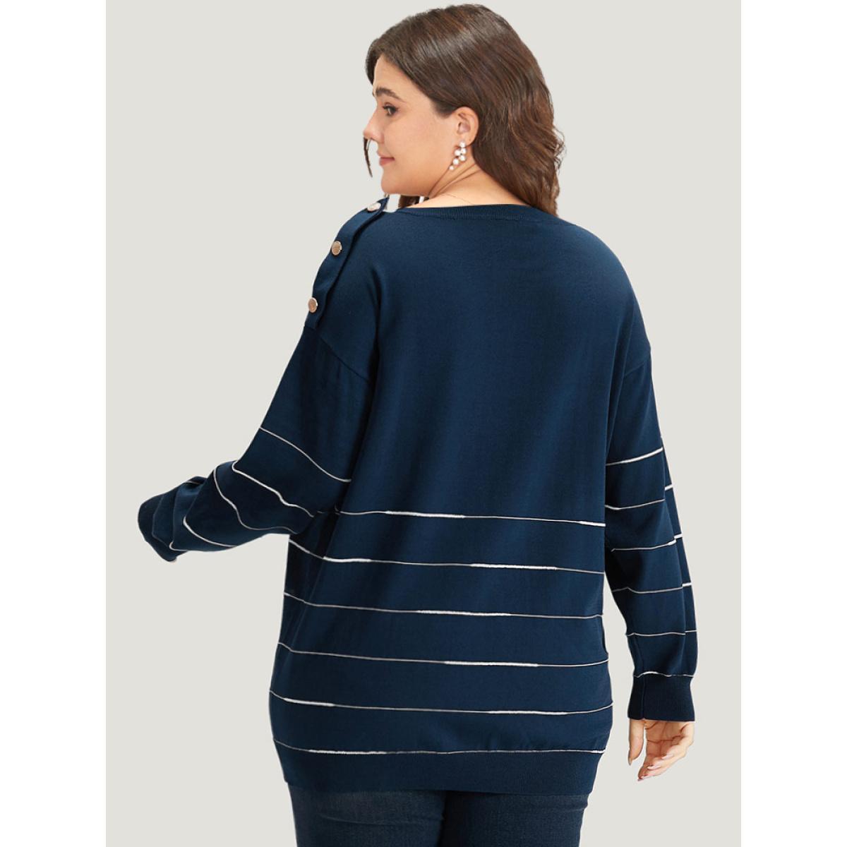 Plus Size Striped Metal Button Detail Elastic Cuffs Pullover Navy Women Casual Loose Long Sleeve Round Neck Everyday Pullovers BloomChic 30/6X Product Image