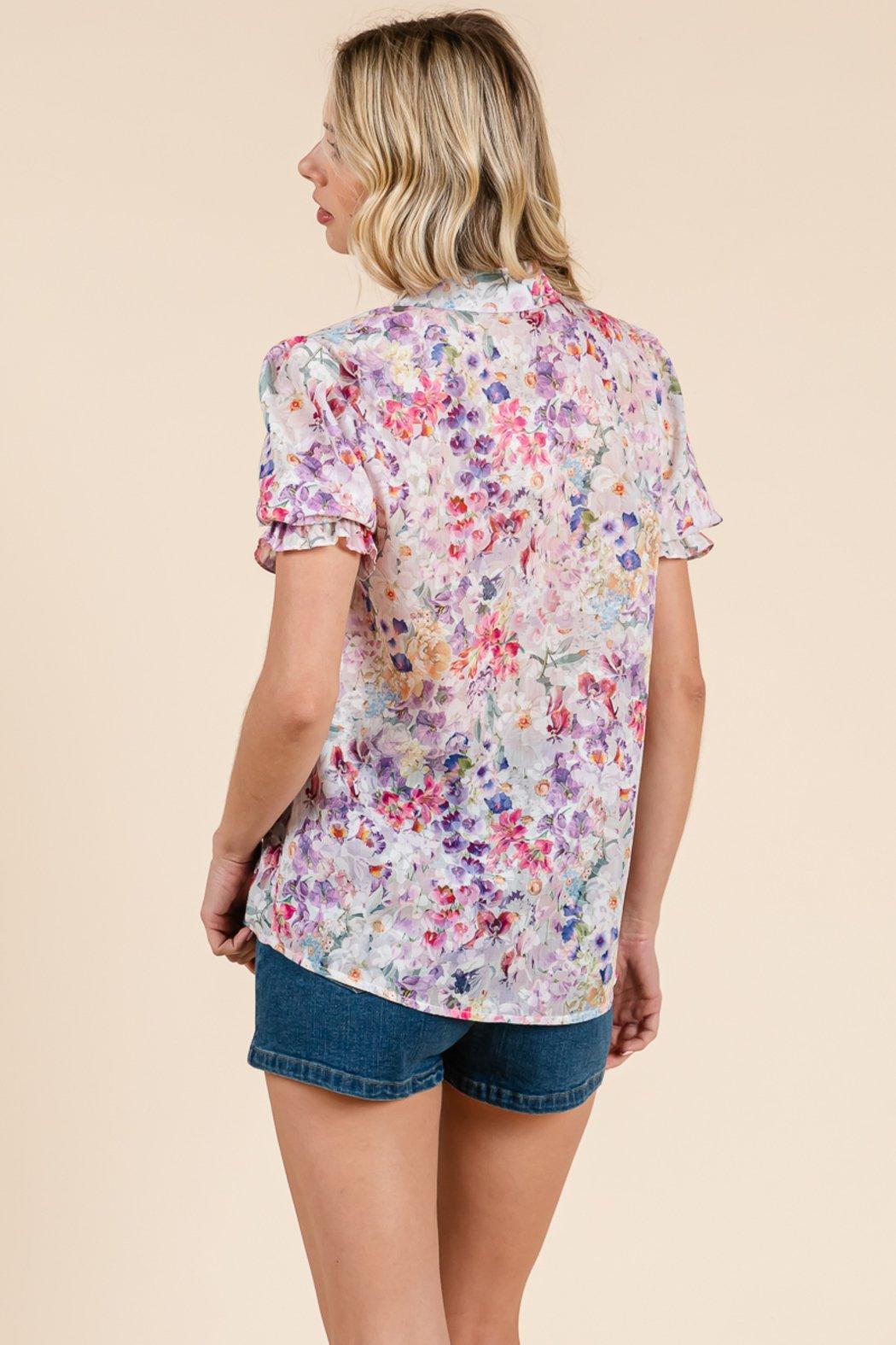 Floral Collared Ruffle Short Sleeve Blouse Tops Product Image
