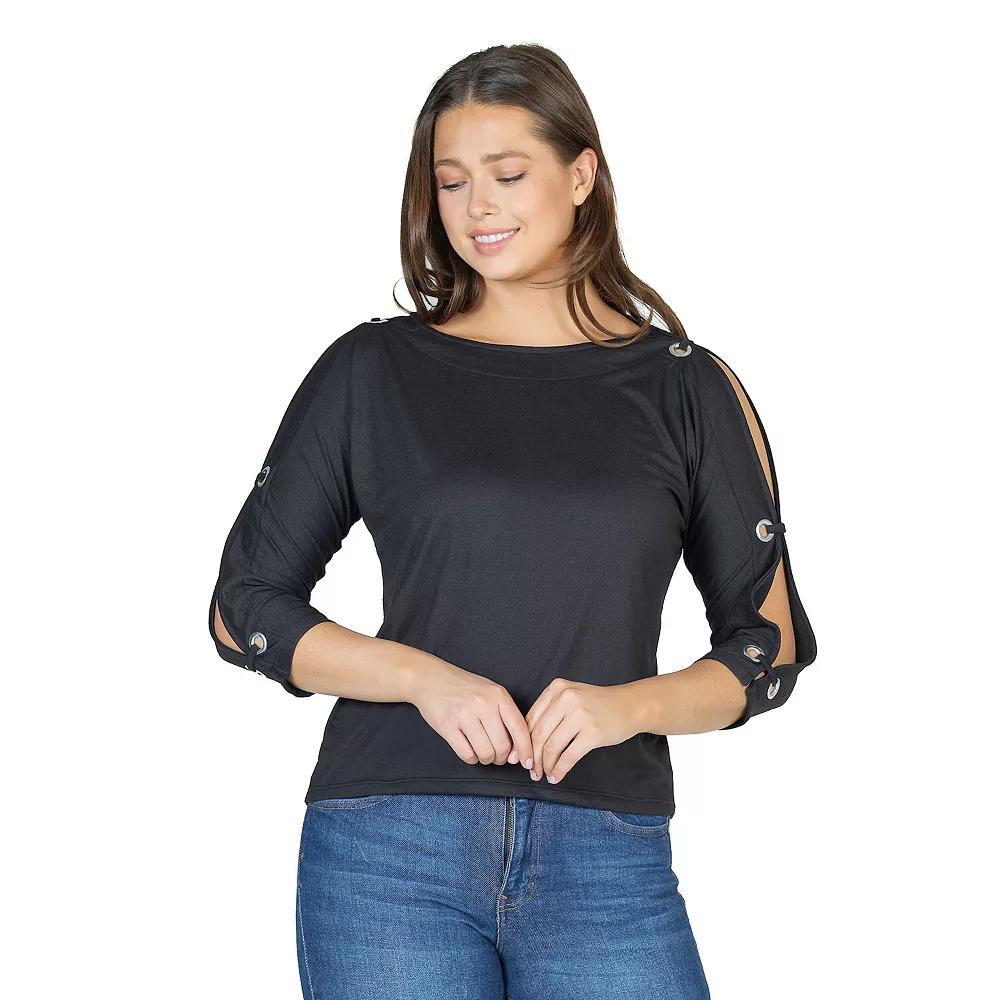 Women's 24Seven Comfort Apparel Three-Quarter Sleeve Boatneck Cold Shoulder Top, Size: XL, Black Product Image